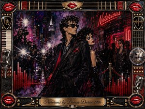 A glamorous couple commands a neon-lit city nightlife scene, surrounded by paparazzi flashes, smoky shadows, and an exclusive club entrance. Deep blacks, crimson reds, violet haze, chrome, and gold create a seductive 1980s mood. Painterly textures, equalizer graphics, microphones, red lips, and ornate musical details frame the stylish composition.