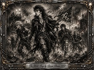 Wild, defiant figures charge through a ruined industrial wasteland beneath stormy skies, smoke, sparks, and torn banners. Deep feathered charcoal textures create a fierce, cinematic mood, with black, gray, metallic silver, and faint ember accents. An ornate riveted metal frame surrounds the scene, finished with a weathered engraved title plate.