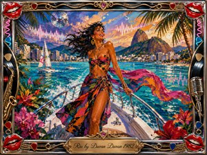 A glamorous woman stands on a sleek yacht cutting across sparkling turquoise water, framed by tropical flowers, palms, sailboats, mountains, and a vibrant coastal skyline. Saturated magenta, gold, teal, and orange glow beneath warm sunset light. Bold acrylic textures, neon sound waves, chrome ornaments, red lips, and musical details create exuberant 1980s pop energy.
