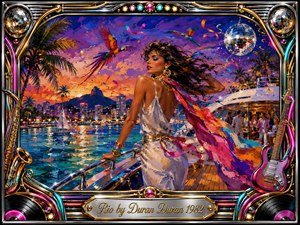 A glamorous woman stands on a sleek yacht at sunset, her dark hair and colorful scarf streaming in the tropical breeze. Turquoise water, glowing city lights, palm trees, parrots, and a mirrored disco ball create a lively 1980s atmosphere. Rich acrylic textures, vivid magenta, gold, cobalt, and chrome complete the exuberant composition.