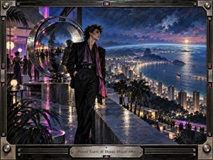 A sharply dressed figure stands on a glossy rooftop terrace overlooking a luminous coastal city at night. Deep blues, violet neon, and warm golden lights create a sleek, futuristic mood. A reflective metal sculpture, palm silhouettes, distant mountains, glowing shoreline, and moonlit water evoke stylish early-1980s romanticism and planetary wonder.