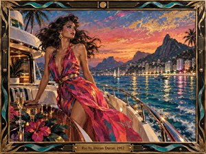 A glamorous woman in a flowing crimson dress stands aboard a luxury yacht against Rios glowing coastline at sunset. Turquoise water reflects city lights beneath dramatic mountains and palm silhouettes. Rich coral, gold, and blue tones, luminous highlights, textured painterly brushwork, tropical flowers, and an ornate musical frame create a sophisticated, energetic atmosphere.