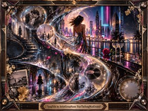 A solitary woman overlooks a neon-lit waterfront city as a luminous S-curve sweeps through layered memories, clocks, photographs, roses, and glowing bubbles. Rich blues, magentas, golds, and black create a glamorous, nostalgic mood. Reflective surfaces, cinematic lighting, and intricate mixed-media textures evoke time, desire, memory, and urgency.