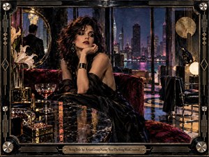 A glamorous woman in a flowing black dress lounges in a luxurious nighttime apartment overlooking a neon-lit city waterfront. Deep burgundy, black, gold, and violet tones create a decadent, restless mood. Reflective marble, glass, flowers, mirrors, and metallic details glow under warm interior light, framed by an ornate Art Deco-inspired border.
