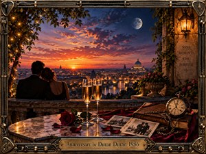 A silhouetted couple overlooks a glowing riverside city from an elegant terrace at sunset, surrounded by champagne, a red rose, vintage photographs, books, and a pocket watch. Warm amber lights contrast with deep blue evening skies, while an ornate metallic musical frame enhances the romantic, nostalgic, cinematic atmosphere of enduring memory.