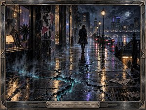 A solitary figure walks along a rain-soaked city pavement fractured by glowing blue cracks. Neon reflections, vintage streetlamps, dark storefronts, and a distant skyline create a tense nocturnal atmosphere. Moody blacks, amber light, and electric blues define the cinematic, handcrafted noir style, framed with ornate industrial metalwork.