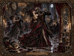 A masked woman dances with a skeletal partner in a candlelit Gothic ballroom, surrounded by ghostly revelers, mirrors, skulls, roses, and decaying elegance. Deep crimson, black, bronze, and ivory tones create a seductive, ominous mood, while dramatic reflections and intricate textures evoke a richly detailed dark romantic painting.