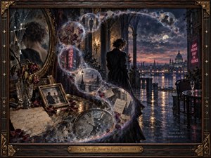 A solitary figure stands beneath a rain-darkened arcade overlooking a glowing city at dusk, surrounded by drifting bubbles of fragmented memories, faded letters, wilted roses, photographs, and a shattered clock. Deep blues, bronze, violet, and amber light create a mournful, reflective atmosphere within an ornate, handcrafted frame.