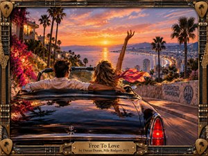 A joyful couple rides in a black convertible above a glowing coastal city at sunset, surrounded by palms, flowers, winding roads, and distant mountains. Warm orange, pink, and violet light creates a romantic, liberated mood. Rich painterly textures, glossy reflections, musical frame details, and the engraved title plate complete the cinematic composition.