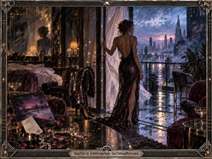 A solitary woman in a shimmering black gown stands at an open penthouse balcony overlooking a rain-soaked futuristic city at dawn. Warm amber lamps contrast with cool violet-blue skyline light, while reflective floors, scattered roses, champagne glasses, and musical details create a decadent, bittersweet atmosphere of release, regret, and emotional transition.