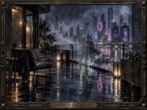 A rain-soaked rooftop overlooks a luminous futuristic city, where a translucent figure seems to dissolve into mist and neon reflections. Deep blues, black, violet, and magenta create a lonely, mysterious mood, while warm lantern light adds contrast. Cinematic digital painting, glossy surfaces, moonlight, and ornate metallic framing heighten the dreamlike atmosphere.