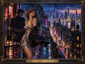 A glamorous woman in a shimmering silver dress stands on a rain-slicked rooftop beside a shadowed companion, overlooking a luminous city at night. Neon blues, magentas, and golds reflect across wet streets and water, creating an electric, bittersweet mood. Rich painterly textures and an ornate metallic frame heighten the cinematic atmosphere.