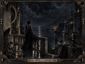 A solitary woman in a flowing black gown overlooks a moon-darkened coastal city from a rain-slicked stone terrace. Storm clouds, silver water, distant towers, roses, and an antique armillary sphere create a brooding Gothic atmosphere. Deep charcoal, bronze, and muted gold tones glow beneath dramatic nocturnal light and an ornate handcrafted frame.