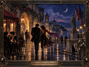 A stylish couple walks along a rain-slicked European promenade beneath a slender crescent moon, surrounded by glowing cafes, ornate architecture, statues, and distant waterfront lights. Deep blues, warm amber reflections, and crimson fabric create romantic tension. Rich painterly textures, dramatic illumination, and an intricate brass geometric frame evoke elegant 1980s sophistication.