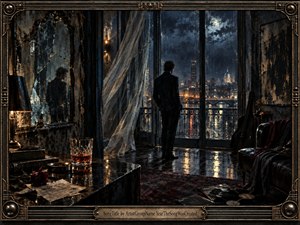 A solitary man stands before rain-streaked windows overlooking a glowing nighttime city, surrounded by cracked mirrors, dark furnishings, scattered records, and a half-finished drink. Deep blues, black, bronze, and amber reflections create a brooding, introspective mood. Painterly textures, wet surfaces, and ornate framing heighten the sense of fractured memory and isolation.
