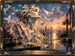 A monumental woman formed from folded newspaper rises above a luxurious rooftop overlooking a glowing river city at sunset. Origami birds scatter through dramatic blue and amber skies, creating an elegant yet fragile mood. Marble reflections, tropical plants, a turntable, and an ornate musical frame enhance the richly cinematic, handcrafted composition.