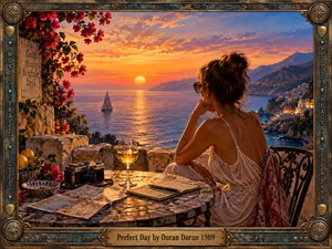 A woman in a flowing white dress overlooks a glowing Mediterranean coast at sunset from a flower-covered stone terrace. Warm gold, coral, turquoise, and violet tones create a nostalgic, romantic mood. A camera, wine glass, journal, maps, sailboat, and ornate weathered metal frame enrich the cinematic painted composition.