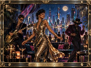 A glamorous rooftop lounge glows beneath a moonlit, neon city skyline as a woman in a shimmering gold gown dances between stylish musicians. Deep blues, magentas, and warm metallic highlights create an energetic, celebratory mood, while reflective surfaces, luxurious furnishings, dramatic lighting, and an ornate Art Deco-inspired frame enhance the richly detailed digital painting.
