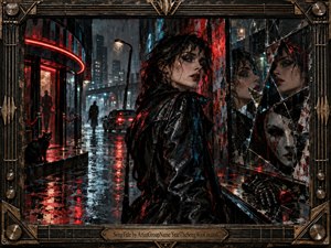 A rain-soaked neon city frames a mysterious woman in black leather beside a wall of shattered mirrors, where fractured reflections multiply her tense expression. Crimson and icy blue lights shimmer across wet pavement, shadowy figures, and metallic architecture. The cinematic mixed-media style feels dangerous, glamorous, paranoid, and nocturnal.