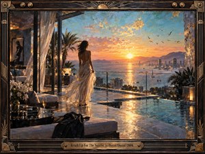 A solitary woman in a flowing white dress stands on a luxurious coastal terrace, watching a radiant sunrise spill gold across the bay and distant city. Warm orange light contrasts with turquoise water and cool blue skies, while palms, birds, reflective marble, and an ornate bronze frame create an elegant, hopeful, cinematic atmosphere.