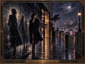 A solitary woman in dark, flowing clothes walks along a rain-slicked riverside terrace, her shadow stretching across reflective stone walls. Moody blue-black tones contrast with warm amber windows and streetlamps, while distant city lights shimmer on the water. The painterly, cinematic scene feels nocturnal, elegant, tense, and quietly mysterious.