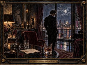 A solitary man in a dark suit stands before rain-streaked windows overlooking a glowing city, surrounded by velvet, brass, wilted flowers, crystal glasses, and a sealed letter. Deep burgundy, black, gold, and midnight blue create a wistful, intimate mood, rendered in richly textured painterly detail within an ornate art-deco frame.