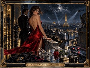 A glamorous woman in a flowing crimson gown stands beside a shadowed man on a rain-slick Paris terrace, overlooking the illuminated Eiffel Tower. Helicopter searchlights cut through storm clouds while wet streets gleam below. Rich black, gold, and red tones, shattered glass, a rose, and Art Deco framing create tense cinematic elegance.