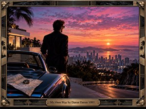 A solitary man stands beside a sleek convertible above a glowing coastal city at sunset, suggesting independence and restless possibility. Warm orange, magenta, and violet skies contrast with cool metallic blues and deep shadows. Cinematic lighting, polished 1980s styling, winding roads, palm silhouettes, and an ornate Art Deco frame heighten the nostalgic mood.