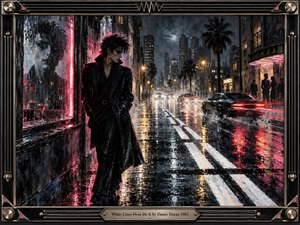 A solitary, sharply dressed figure leans against a rain-soaked neon storefront as traffic streaks through a nocturnal city of palm trees and looming towers. Black, crimson, silver, and amber dominate the palette, with reflections shimmering across wet pavement. Painterly textures, dramatic lighting, and an ornate metallic frame create tense sophistication.