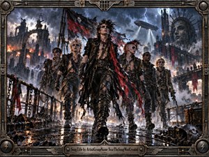 A fierce band of leather-clad rebels marches through a storm-ravaged industrial city, framed by heavy riveted metalwork. Towering ruins, torn red banners, fires, lightning, and hovering aircraft create a dystopian atmosphere. Cold steel blues and smoky grays contrast with fiery orange highlights, giving the detailed digital painting dramatic cinematic intensity.