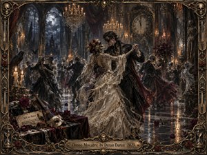 A masked gentleman waltzes with a skeletal bride in a lavish gothic ballroom filled with ghostly dancers, chandeliers, roses, and midnight symbolism. Moonlit blues, tarnished gold, burgundy, and ivory glow beneath dramatic candlelight. Rich oil-like textures, reflective marble, ornate framing, a violin, clock, and scattered petals deepen the haunting elegance.