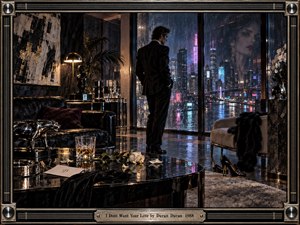 A sharply dressed man stands alone in a luxurious rain-soaked penthouse, staring across a neon city while a ghostly womans reflection lingers in the glass. Black lacquer, chrome, midnight blue, and magenta create cool tension, while roses, a half-finished drink, high heels, and polished surfaces suggest elegant emotional separation.
