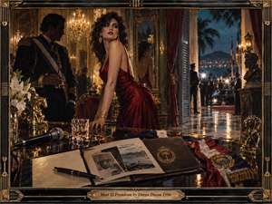 A glamorous woman in a deep red gown commands an opulent presidential salon, surrounded by shadowed officials, chandeliers, polished marble, and distant city lights. Warm golds and burgundy contrast with cool midnight blues, while mirrors, press flashes, documents, a microphone, and ceremonial details create a tense, seductive atmosphere of power and intrigue.