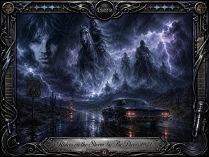 A rain-soaked highway stretches through a dark desert beneath violent lightning and swirling storm clouds, where ghostly riders and a brooding face emerge from the mist. A vintage car glows with red taillights on reflective pavement. Deep blues, silvers, and violet highlights create a haunting, cinematic digital-painting atmosphere within an ornate rock-inspired metal frame.