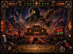 A psychedelic desert night unfolds around a glowing vintage radio altar, with a spectral rock singer rising above the highway amid swirling sound waves and a luminous wasp. Deep blues, purples, amber, and neon reds create dramatic contrast, while ornate radio parts, microphones, vinyl, cables, and brasswork frame the richly textured scene.