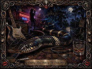A massive iridescent king snake coils across a weathered roadhouse floor beneath smoky neon light, surrounded by a battered electric guitar, amplifier, cables, whiskey glass, and scattered picks. Moonlit swamp scenery deepens the ominous blues mood, while ornate metallic framing, red lips, musical motifs, and engraved title plate complete the dramatic mixed-media composition.