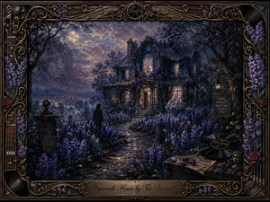 A moonlit cottage glows warmly amid dense violet hyacinths, winding stone paths, and shadowed trees, creating a mysterious, introspective atmosphere. Rich blues, purples, bronze, and amber dominate the detailed oil-painting style. A solitary figure approaches the house, while an ornate music-themed frame, vinyl record, roses, and engraved title plate complete the scene.