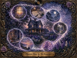 A secluded Victorian house glows warmly amid dense purple hyacinths at twilight, surrounded by dreamlike bubbles tracing an elegant S-curve of memories and solitude. Lavender, indigo, dusty blue, and amber tones create a wistful mood. Watercolor-gouache textures, drifting petals, musical motifs, and an ornate bronze frame enrich the scene.