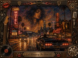 A vintage convertible races through neon-lit Los Angeles beneath palm trees and glowing motel signs, while a mysterious womans face emerges dreamlike from the smoky night sky. Rich oranges, reds, golds, and deep blues create a restless cinematic mood. An ornate rock-themed frame surrounds the detailed, painterly city scene.