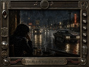 A solitary figure sits beside a rain-streaked window, watching dark cars glide through a neon-lit night. Wet pavement mirrors amber headlights, red motel signs, and cool blue shadows. Rendered in textured oil-paint style, the scene feels smoky, lonely, and reflective, framed by weathered metal, musical hardware, and vintage road motifs.