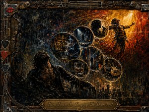 A weary, shadowed man rises from a dark blues-rock world as glowing circular memories curve upward toward a triumphant figure bathed in fiery golden light. Deep blacks, rust, amber, and red create a gritty, dramatic mood. Mixed-media textures, guitars, whiskey glasses, city reflections, and a distressed metal frame intensify the raw atmosphere.