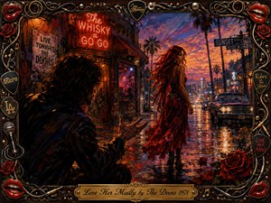 A vivid mixed-media painting shows a red-haired woman walking away along a rain-slicked Sunset Strip while a shadowed man reaches toward her in longing. Neon reds, golds, purples, and deep blues glow across wet pavement. Roses, guitars, cables, lips, and rock memorabilia enrich the ornate frame and passionate 1970s atmosphere.