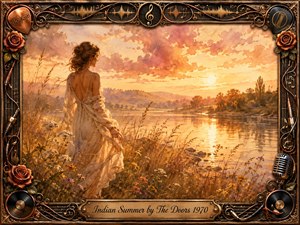 A graceful woman in a flowing ivory dress stands beside a glowing riverside at sunset, surrounded by golden grasses and wildflowers. Warm amber, peach, and rose tones create a dreamy, nostalgic mood. The watercolor-style scene is framed with ornate bronze musical details, roses, records, cables, and an engraved title plate.