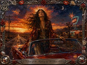A windswept woman rises from a crimson vintage convertible on a desert highway at sunset, crowned by radiant golden light. Fiery oranges, deep indigos, and turquoise motel neon create a romantic, rebellious mood. Expressive oil-paint textures, chrome reflections, Route 66 imagery, roses, dice, guitar details, and an engraved title plate frame the scene.