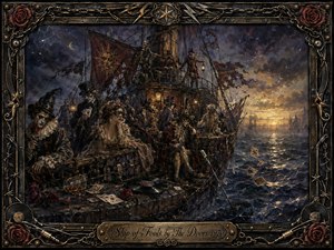 A dark, surreal ship crowded with masked revelers drifts across rough twilight seas beneath stormy indigo clouds and a fading golden horizon. Tarnished lanterns illuminate playing cards, roses, a vinyl record, and broken musical gear. Rich gothic digital painting, bronze framing, chains, lightning motifs, and engraved title plate deepen the ominous, theatrical mood.