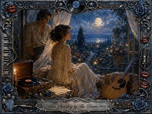 A romantic oil-painted twilight scene shows a woman seated by an open veranda while a man stands quietly behind her, overlooking a moonlit garden and distant water. Deep blues, warm candlelight, roses, a vintage record player, guitar, and sheet music create a wistful mood, framed by ornate musical metalwork and engraved title plate.