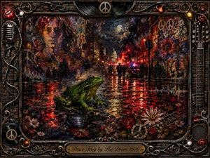 A vivid green frog rests on rain-slick pavement amid a turbulent psychedelic city night, surrounded by crimson reflections, flowers, smoke, silhouettes, and glowing street lights. Rich mixed-media textures blend emerald, red, black, bronze, and indigo, while musical symbols, peace motifs, ornate metalwork, and the engraved title frame heighten the dramatic rock atmosphere.