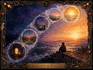 A lone figure watches a radiant sunrise over a misty city and mountain horizon, while translucent feather-edged bubbles curve upward in an S-shaped journey through night, desert, rooftop, and dawn scenes. Deep indigo and violet transition into glowing gold and coral, framed by ornate musical metalwork, red lips, cables, speakers, and an engraved title plate.