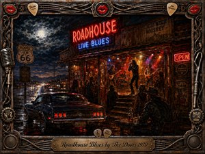 A moonlit roadside roadhouse glows with red and blue neon as a live blues band performs inside, framed by a vintage muscle car and wet reflective pavement. Deep blacks, amber light, crimson highlights, and smoky shadows create a gritty oil-painted atmosphere, surrounded by an ornate music-themed metal frame and engraved title plate.