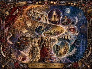 A surreal mixed-media parade winds through a dreamlike twilight carnival in a glowing S-curve of feathered bubbles. Masked figures, musicians, vintage cars, roses, instruments, and floating sheet music emerge beneath golden stage lights and moonlit blues. An ornate bronze musical frame and engraved title plate complete the theatrical, psychedelic composition.